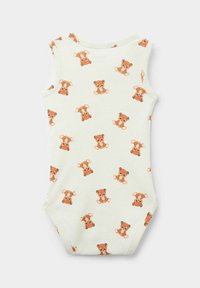 Bílý bavlněný kojenecký body bez rukávů s celoplošným potiskem oranžových medvídků. Hladký materiál, zapínání na patentky ve spodní části.