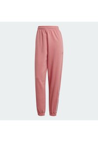 Roze joggingbroek met elastische taille, enkelsluitingen, subtiel zijlogo en witte streepjes bij de onderkant.