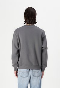 Felpa grigia con polsini e orlo a coste, caratterizzata da un classico collo rotondo e una superficie in cotone morbido, vista da dietro. Jeans azzurri chiari visibili.