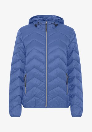 Blau gesteppte Jacke mit Kapuze, Reißverschluss vorne und seitlichen Taschen. Verfügt über ein Zickzackmuster und schwarze Hardwareakzente.