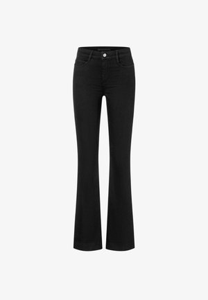 Black flared jeans made of denim, featuring a button closure, five-pocket design, and a slight stretch for comfort.