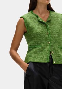 Gilet verde breve senza maniche realizzato in un tessuto testurizzato, caratterizzato da un colletto, bottoni dorati e due tasche frontali. Indossato sopra pantaloni neri.