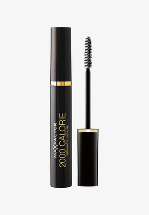 Tubetto di mascara nero Max Factor 2000 Calorie con dettagli dorati e un applicatore aperto accanto, su sfondo bianco.