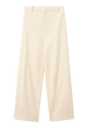 Beige bukser med vide ben, bæltestropper, flad front og subtile syningsdetaljer, vist på hvid baggrund.