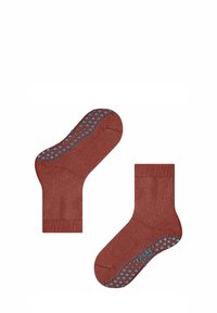 Calze brown con polsino a costine e grip in silicone blu a pois sulle suole; materiale tessile con una texture liscia.