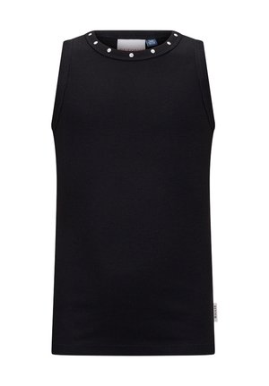 Zwarte mouwloze geribbelde tanktop met ronde halslijn, voorzien van kleine zilveren studs rondom de kraag.