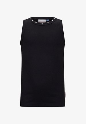 Zwarte mouwloze geribbelde tanktop met ronde halslijn, voorzien van kleine zilveren studs rondom de kraag.