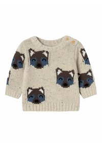 Maglione lavorato a maglia in beige chiaro con volti di procioni marroni e blu. Collo a giro, maniche lunghe, due bottoni di legno sulla spalla. Morbido al tatto.