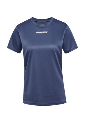 Navyblauwe atletische t-shirt met korte mouwen, gemaakt van een gladde stof; heeft het "HUMMEL" logo in het wit op de borst. Ronde halslijn, regular fit.