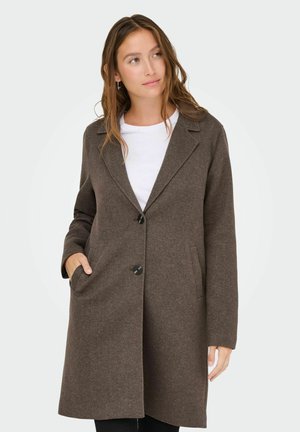 Manteau en mélange de laine brun avec un col en V, fermeture à un bouton, poches avant et coupe droite. Porté par-dessus un haut blanc.