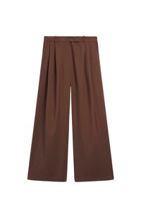 Beige weit geschnittene Hose mit Falten, aus weichem Stoff. Verfügt über einen Bund mit Gürtelschlaufen und bietet eine fließende, entspannte Passform.