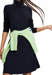 Femme portant une robe à col roulé bleu marine avec un pull vert clair noué autour de la taille, ses cheveux tressés tombant sur le côté.