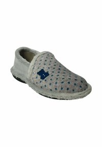 Gray textile slipper with blue polka dots, soft lining, and a bear motif. Features fuzzy trim and rubber sole for traction.