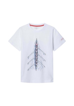 T-shirt en coton blanc avec un graphisme de canot à rames bleu, des rames et un texte en rouge. Col rond et manches courtes. Nom de la marque sur la manche.