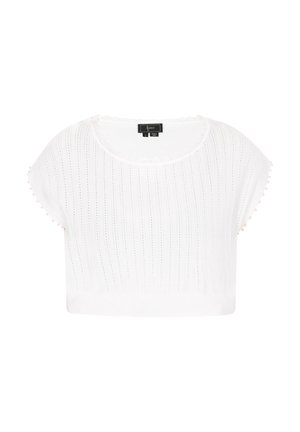 Fehér, rövidített pulóver bordázott textúrával, finom virágos szegéllyel és apró díszes bogyókkal az ujjak szélén.