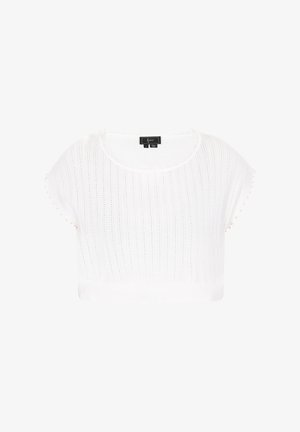 Fehér, rövidített pulóver bordázott textúrával, finom virágos szegéllyel és apró díszes bogyókkal az ujjak szélén.