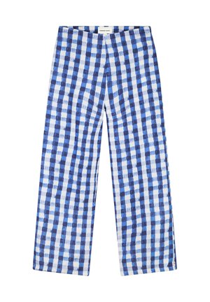 Blauw-wit geruite rechte broek met hoge taille en een Fabienne Chapot label aan de tailleband.