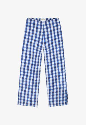 Blauw-wit geruite rechte broek met hoge taille en een Fabienne Chapot label aan de tailleband.