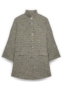 Cappotto a maniche corte in motivo a spina di pesce, con colletto alto, cinque bottoni e due tasche frontali in toni neutri di beige e marrone.