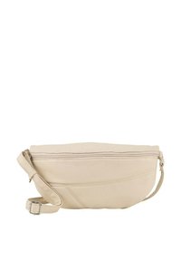 Borsa in pelle beige da cintura con tracolla regolabile, scomparto principale con zip e sottili dettagli di cucitura curva sul davanti.