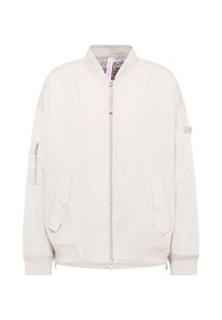 Licht beige bomberjack met een rits aan de voorkant, geribbelde manchetten, twee zijzakken en een extra ritszak op de mouw. Gladde stofstructuur.