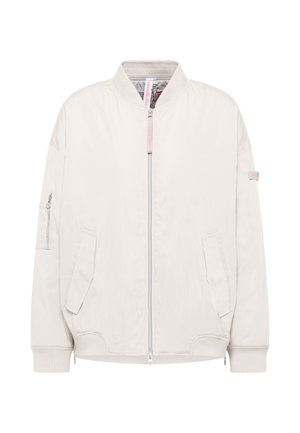Licht beige bomberjack met een rits aan de voorkant, geribbelde manchetten, twee zijzakken en een extra ritszak op de mouw. Gladde stofstructuur.