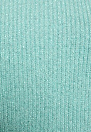 Tessuto a maglia in un morbido verde menta, caratterizzato da una texture a righe verticali. Fili sottili riflettono la luce, aggiungendo una leggera lucentezza alla superficie.