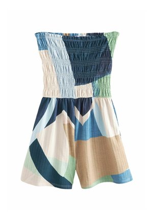 Färgglad, mönstrad smockad rompers med en variation av blå, grön och beige nyanser; axelbandslös design; lätt, texturerad tyg.