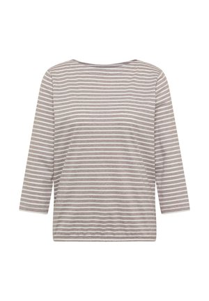 Chemise à manches trois-quarts avec des rayures horizontales beige et blanches, col rond et ourlet droit.