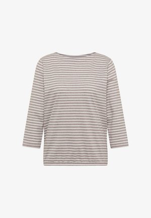 Chemise à manches trois-quarts avec des rayures horizontales beige et blanches, col rond et ourlet droit.