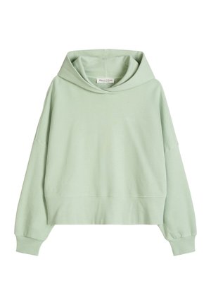 Jasnozielona krótka bluza z kapturem, z długimi rękawami, ściągaczami na mankietach oraz kapturem, z małą metką marki Marc O'Polo wewnątrz kołnierza.