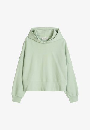 Jasnozielona krótka bluza z kapturem, z długimi rękawami, ściągaczami na mankietach oraz kapturem, z małą metką marki Marc O'Polo wewnątrz kołnierza.