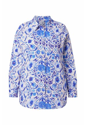 Košile s dlouhým rukávem na zapínání s bílým základem a složitým modrým květinovým a vinným vzorem, s klasickým límcem.