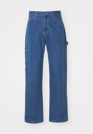 Blue denim jeans in a relaxed fit with a straight leg, featuring front and back pockets and a button closure at the waist.