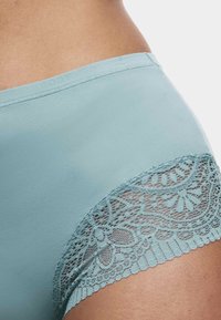 Mutande azzurre chiaro in tessuto morbido con un dettaglio di pizzo lungo l'orlo, caratterizzate da un motivo floreale. Texture morbida e design aderente.