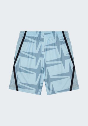 Pantalones cortos deportivos azul claro con patrón abstracto en zigzag oscuro, paneles laterales negros, cintura elástica y lados de malla transpirable.