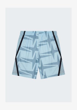 Pantalones cortos deportivos azul claro con patrón abstracto en zigzag oscuro, paneles laterales negros, cintura elástica y lados de malla transpirable.