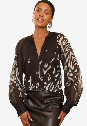 PETITE FIT - ZIP FRONT MIX SHEER LONG SLEEVE - Blouse - black animal