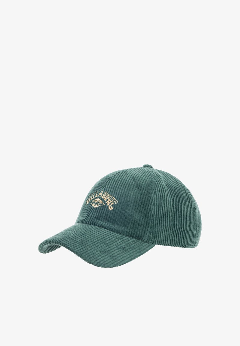 Green corduroy cap with a curved visor, featuring embroidered text in a gold color. Text is arched with a decorative wave design.