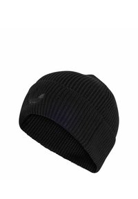 Sort strikket beanie lavet af tekstureret materiale. Har en tætsiddende pasform og en diskret brandingdetalje på siden. Enkel, strømlinet design.
