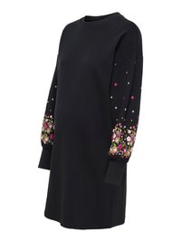 Black sweatshirt dress with long sleeves, featuring colorful floral embroidery on the cuffs. Soft fabric, relaxed fit, and crew neck.