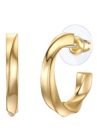 Goldfarbene Spiralohrringe mit einer glatten, polierten Oberfläche. Sie verfügen über eine transparente Rückseite und ein elegantes Drehdesign.