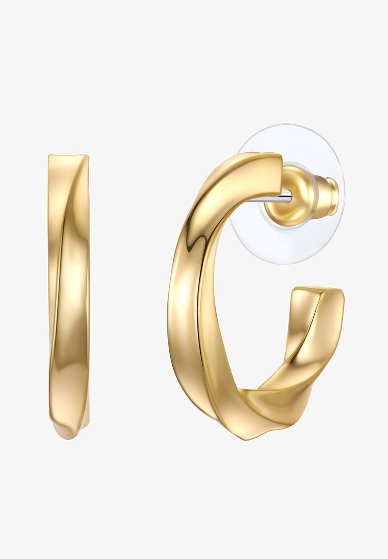 Zlateto tonirane spiralne uhane z gladko, polirano površino. Imajo prozorno podlago in eleganten zasuk.