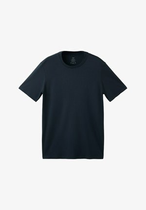 Maglietta nera a maniche corte con scollo rotondo, distesa su uno sfondo bianco, che mostra il lato frontale e un design semplice.