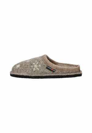 Brown felt slipper with a soft texture, featuring white snowflake patterns and a black rubber sole. Open back design for easy wear.