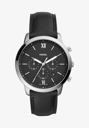 Black leather strap watch with a round silver stainless steel case, black dial, white hour markers, and chronograph sub-dials. Date display at 6.
