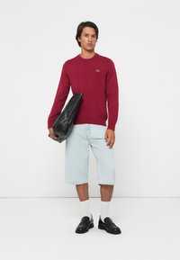 Jovem está de pé contra um fundo branco, vestindo um suéter vermelho, calções de ganga claros até ao joelho, meias brancas, sapatos pretos e segurando uma grande bolsa preta.