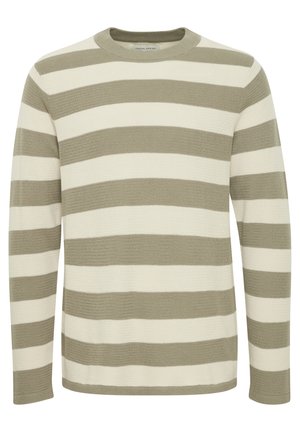 Csíkos pulóver kerek nyakkal, világos krémszínű és olajzöld csíkok váltakozásával. Texturált kötött anyag. Hosszú ujjú.