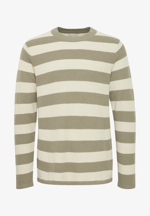 Csíkos pulóver kerek nyakkal, világos krémszínű és olajzöld csíkok váltakozásával. Texturált kötött anyag. Hosszú ujjú.