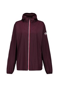 Giacca leggera con cappuccio di colore viola scuro, con cerniera frontale completa, polsini elastici e patch con logo circolare sulla manica sinistra.